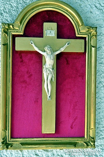 8. Antik CSONT Jézus Krisztus (12.5 cm), Korpusz, feszület, kereszt, 34 cm-es fa keretben!
