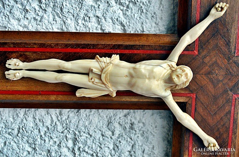 32. Antik, CSONT Jézus Krisztus (18.7 cm), 40,5 cm impozáns feszület, kereszt, korpusz