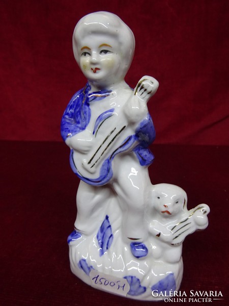 German quality porcelain, musician boy and dog. 15.5 cm high. He has!