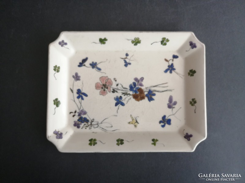 Antik jelzett Sarreguemines virágmintás kézzel festett fajansz tál, tálca  - EP
