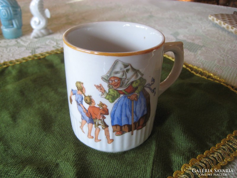 Zsolnay fairytale scene, teacup, small factory hairline crack on the grip, shield seal