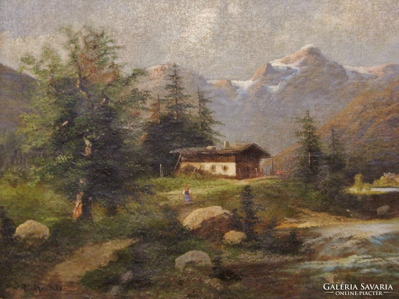 XIX. sz.-i Osztrák festő : Alpesi táj kis házzal,olajfestmény