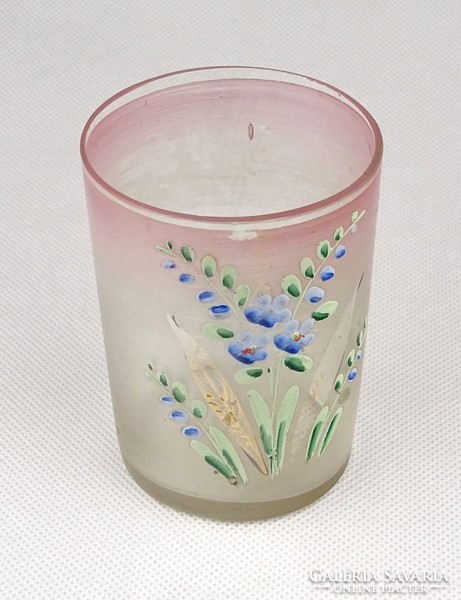 0Z928 Antik festett fújt üveg virágos pohár