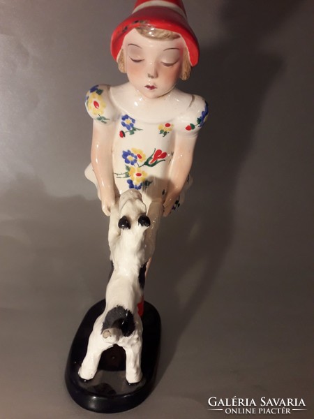 GOLDSCHEIDER - kislány a foxijával - sérült porcelán szobor figura eredeti jelzett restaurálásra