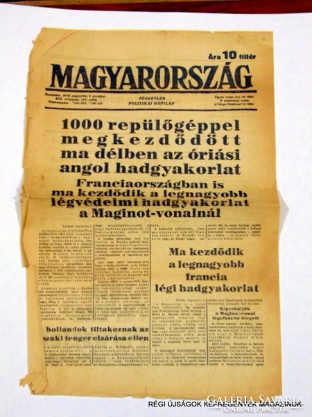 1938 augusztus 6  /  MAGYARORSZÁG  /  Régi ÚJSÁGOK KÉPREGÉNYEK MAGAZINOK Szs.:  8679
