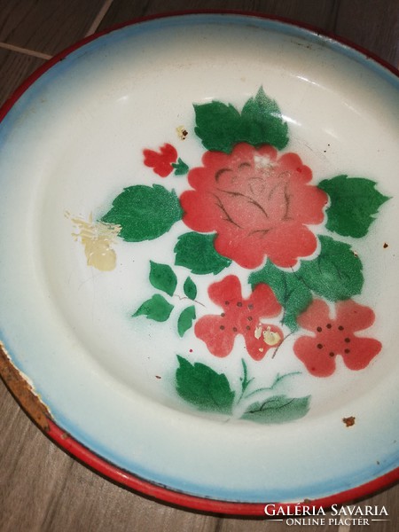 Ritka Budafok zománcos, Zománcozott virágos tányér, nosztalgia darab, paraszti dekoráció 