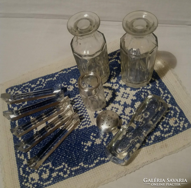 Old glass cutlery holder with small toothpick holder
