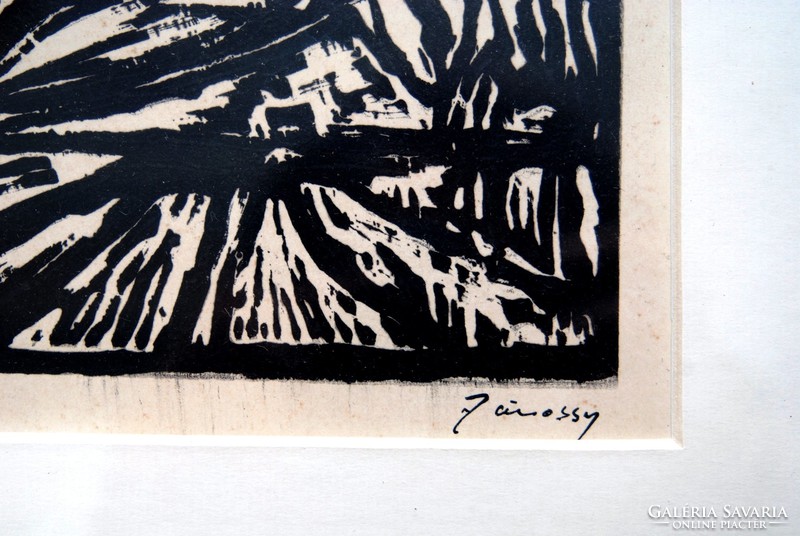 Jánossy Ferenc (1926-1983): Expresszív táj - eredeti linóleummetszet, keretezve
