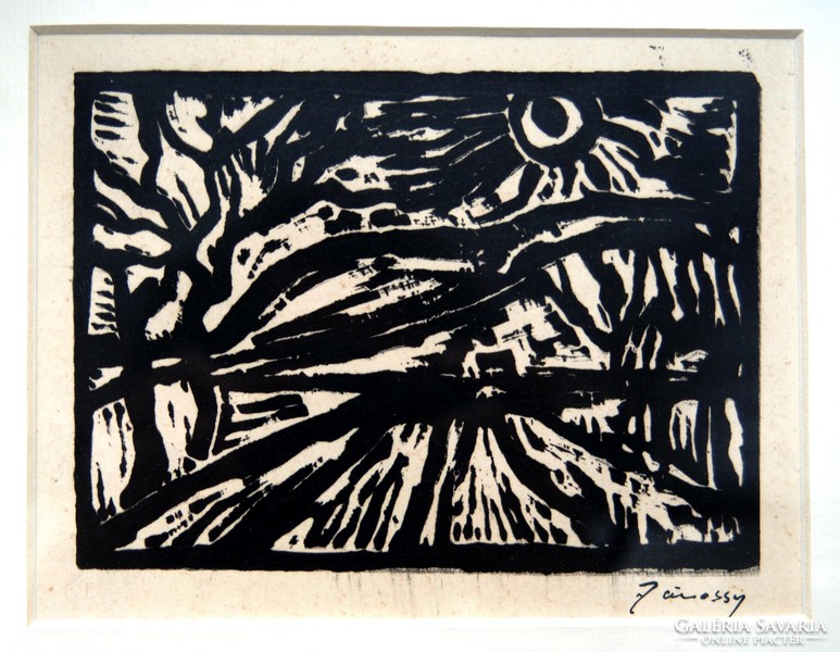 Ferenc Jánossy (1926-1983): expressive landscape - original linoleum engraving, framed