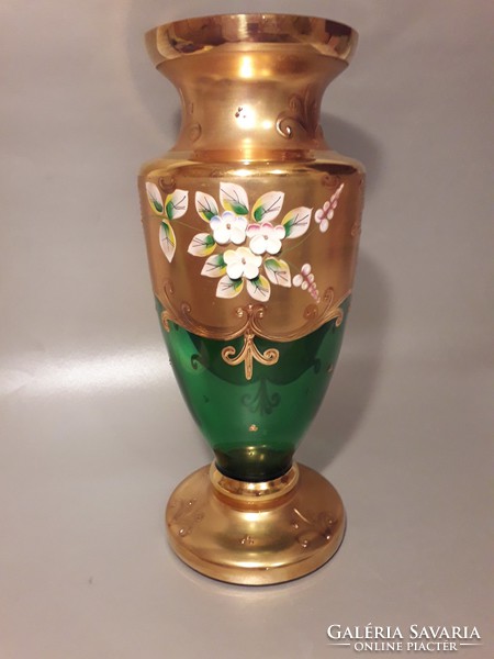 Dúsan aranyozott plasztikus virágos zöld üveg BOHEMIA váza