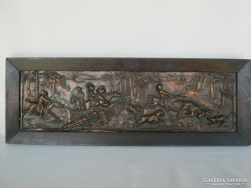 Signed old electroplating bronze or copper relief wall picture lord hunting hunting scene