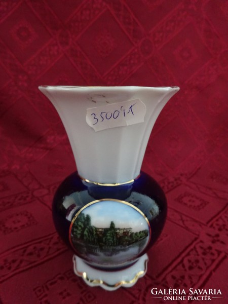 Német porcelán mini váza, kobalt kék az alja, Spandau Südpark látképével. Vanneki!