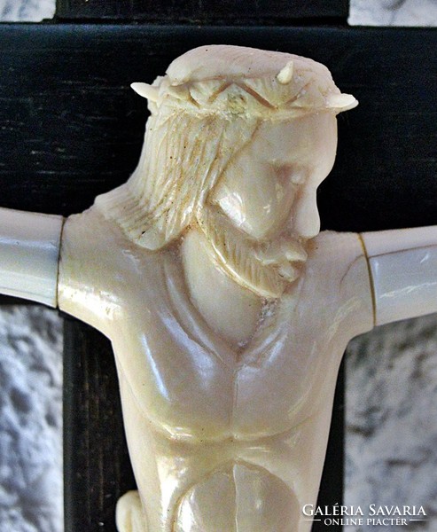 34. Antik, CSONT Jézus Krisztus (17.5 cm), 37,5 cm impozáns feszület, kereszt, korpusz