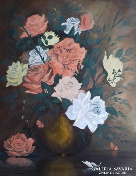 Rózsák arany színű vázában című festmény, csendélet