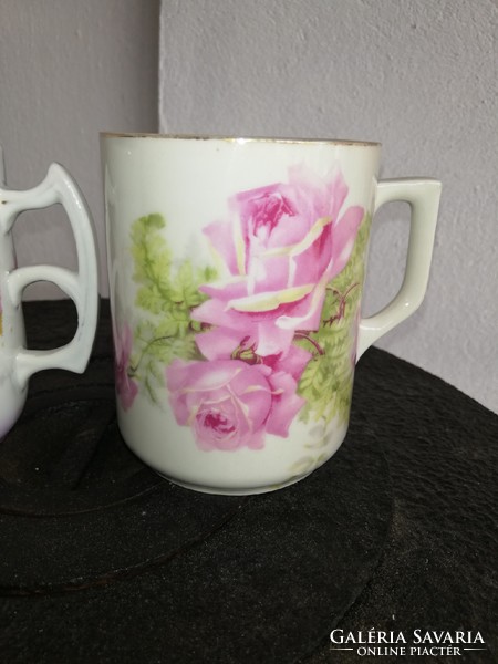 2 pink mugs, mugs, nostalgia pieces, one is Zsolnay porcelain