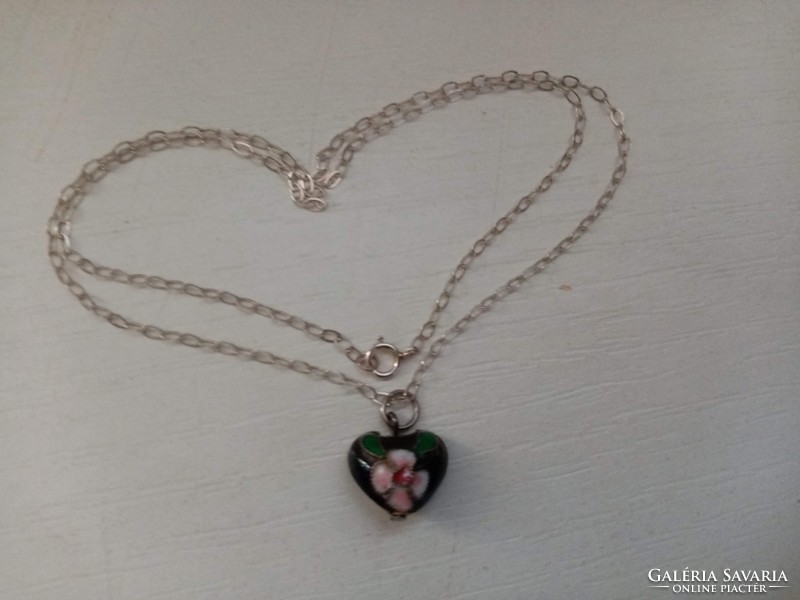 Nice condition silver plated chain with fire enamel heart on it