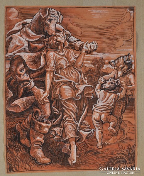 Wilhelm Wohlgemuth (1870-1942) Táncoló állatok, Szatirikus jelenet, akvarell és tus papíron