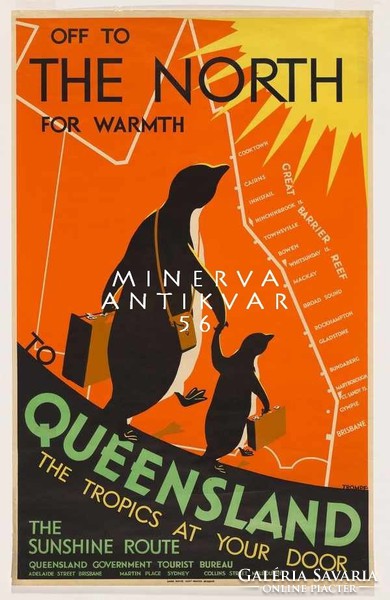 Utazási hirdetés, pingvinek bőrönddel, nyaralás Ausztrália, 1935 Vintage/antik plakát reprint