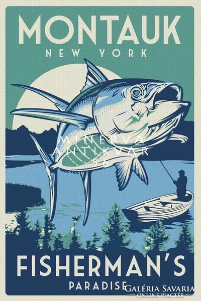 Horgászat, csónak, sügér, tó, Montauk Vintage/antik plakát reprint