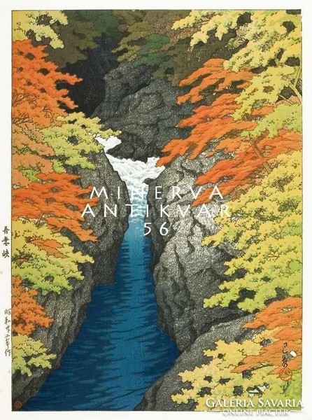 Régi japán fametszet -tájkép, színes őszi lomb, sziklák, patak 1942 Kitűnő minőségű reprint nyomat