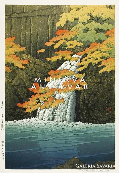 Régi japán fametszet - tájkép, vízesés, tó,sziklák, őszi levelek 1951 Kitűnő minőségű reprint nyomat