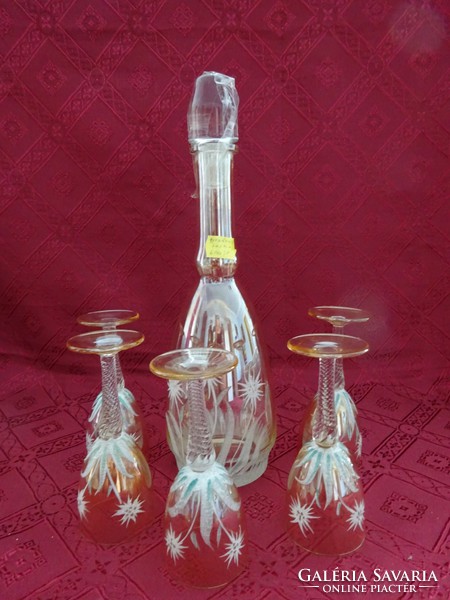 Antique wine bottle with five glasses, hand painted - lychee, alpine pattern. He has!