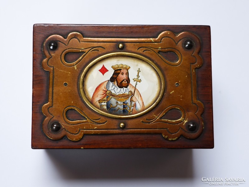 Antique, copper-plated, painted card holder box.