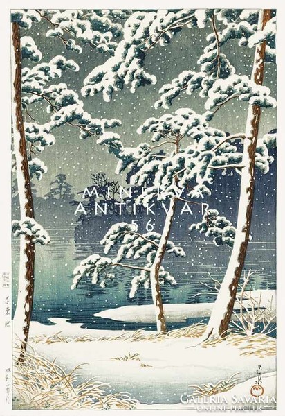 Régi japán fametszet  - havas tópart téli tájkép éjszaka fenyők 1928 Kitűnő minőségű reprint nyomat