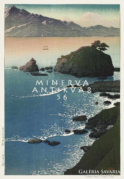 Régi japán fametszet - tengerpart tájkép hullám sziklák vitorlás 1920 Kitűnő minőségű reprint nyomat