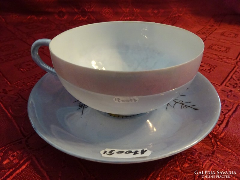 Japanese porcelain teacup + placemat, light blue base. He has!