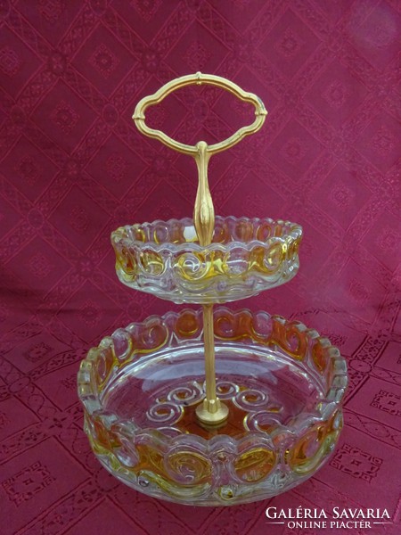 Double-layer yellow glass cake bowl with bronze holder. He has!