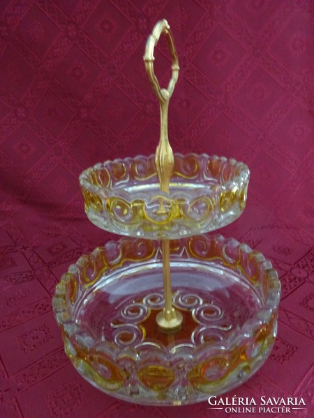 Double-layer yellow glass cake bowl with bronze holder. He has!