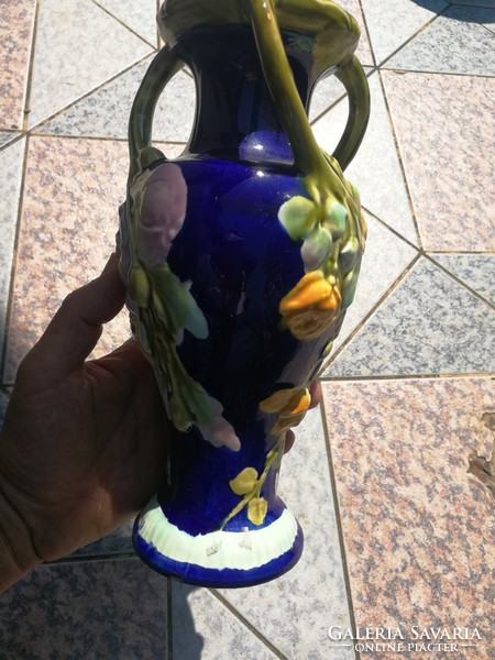 Szecessziós majolika váza különleges Csavart fülű Kobaltkék!