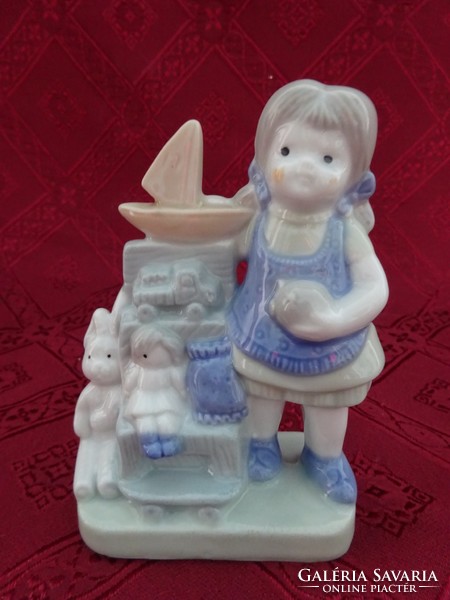 German porcelain figural statue, little girl with her toys, height 12 cm. He has!