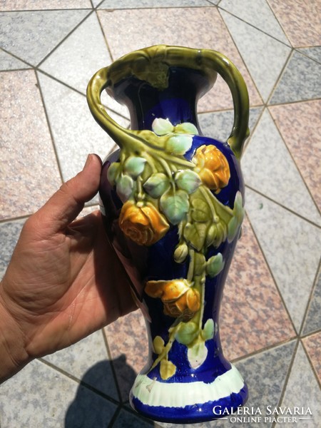 Art Nouveau majolica vase with special twisted ears cobalt blue!