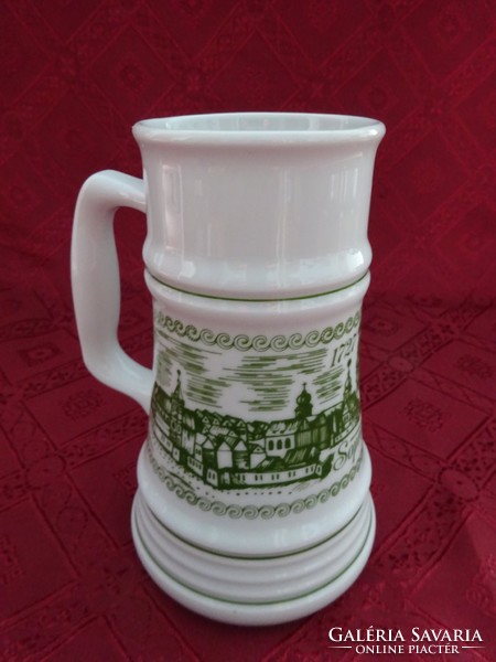 Lowland porcelain beer mug with soprano inscription and view, height 16.5 cm. He has!
