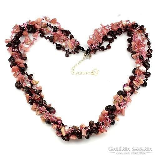 Real rhodochrosite garnet and cultured pearl 925 silver necklace