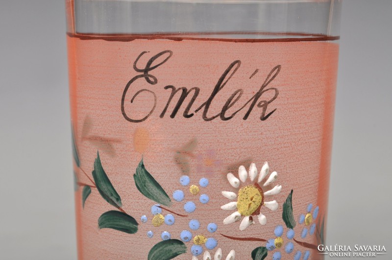 Antik rózsaszínű üveg emlék pohár, szecessziós, nagyon szép virág mintás.