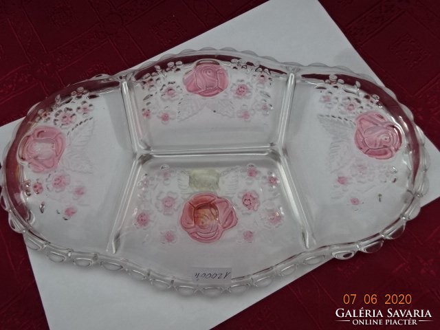German crystal glass with pink flower pattern. He has!
