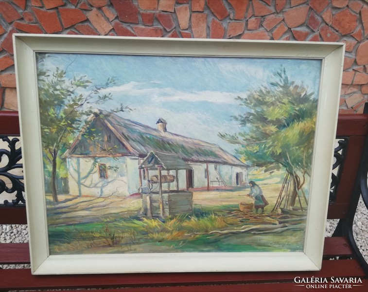 Várady l. Signo beautiful peasant landscape painting, with well, farmhouse, collector's beauty