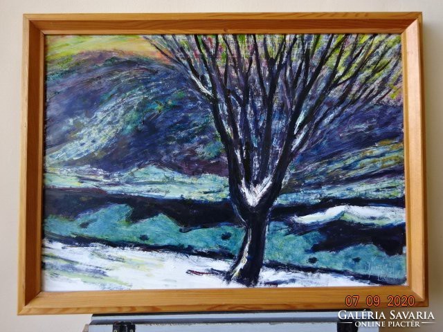 István Tóth Tóth - winter landscape. . Image painted on 70 X 50 wooden board. He has!