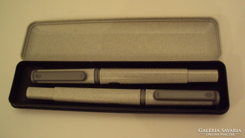 Gray angled pen set---cartridge fountain pen + ballpoint pen, in its own box.
