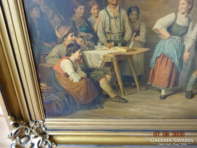 Painter Sándor Bihari - oil print painting of merry peasants. Picture size 90 x 70 cm.