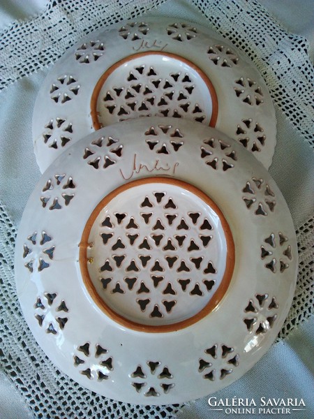 Openwork lace pattern, hand painted ceramic wall plates with markings!