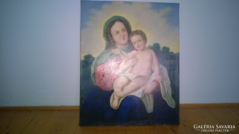 Antik,1800-as évek,Mária kis Jézussal egyházi témájú  festmény 63x80 cm