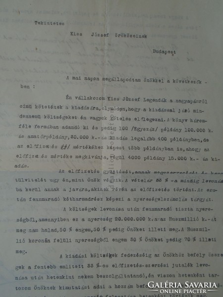 G028.70  Régi gépelt irat - Kiss József  -Legendák a nagyapámról kötet c.örökösödési díjárról  1925 