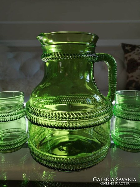 Emerald green, rustic glass pitcher with 6 glasses