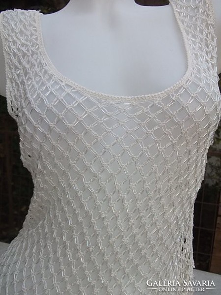 Unique fashionable beaded-crocheted beige casual-cocktail dress