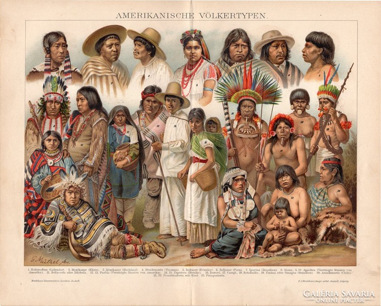 Amerikai népfajok, litográfia 1892, színes nyomat, német, Brockhaus, Amerika, indián, apacs, sziú