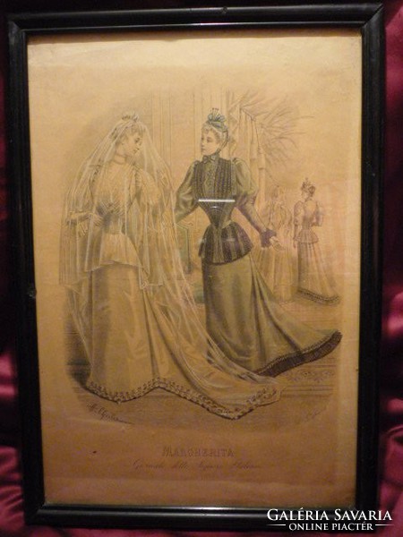 Divatdámák  II. viselettörténet litográfia 1892, olasz öltözet, ruha, divat.